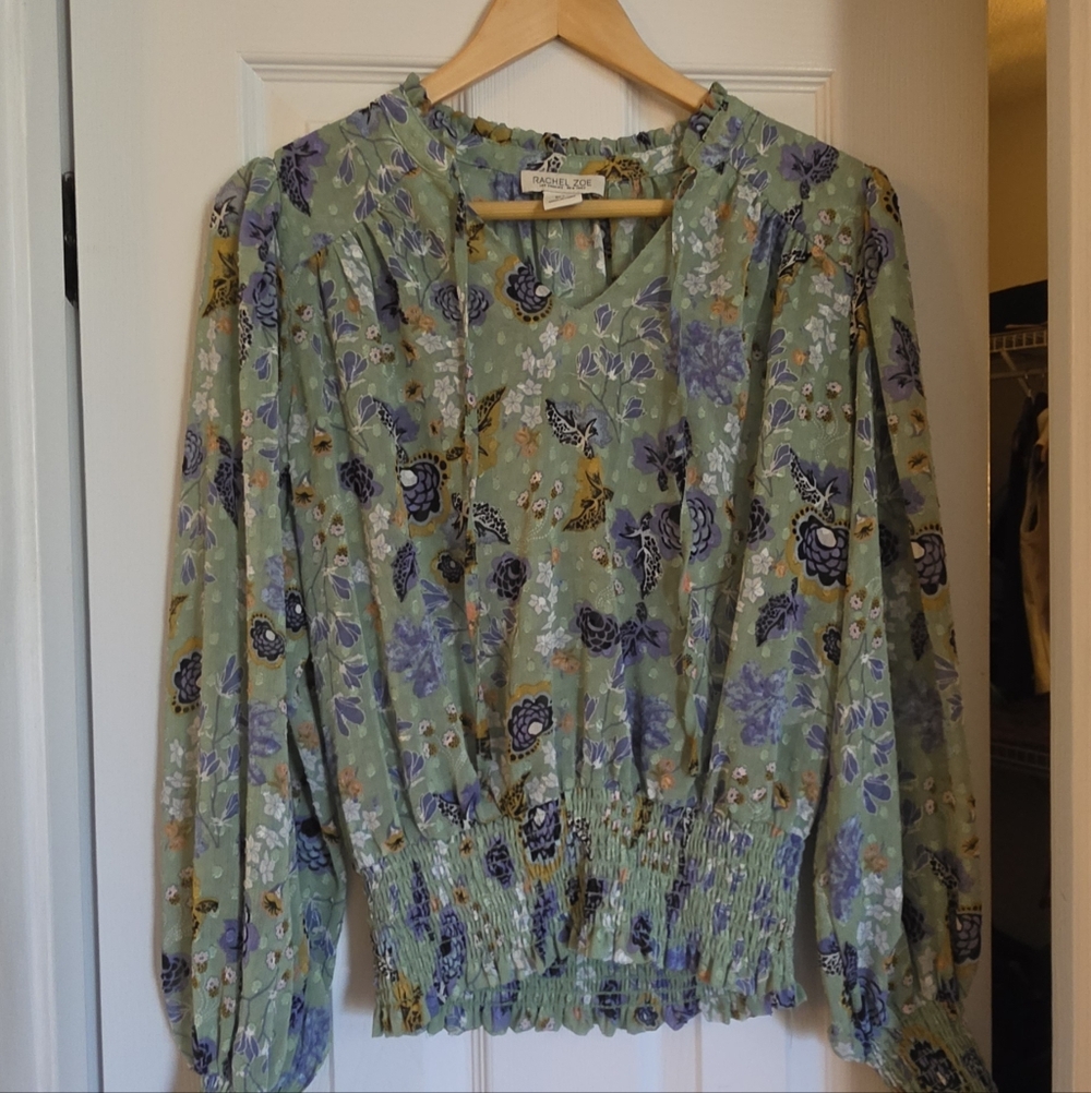Rachel Zoe Sage Green Floral V-Neck Smocked Hem Blouse